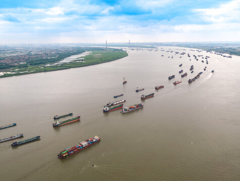 Aerial Scene of Busy Yangluo Port Shipping Operations