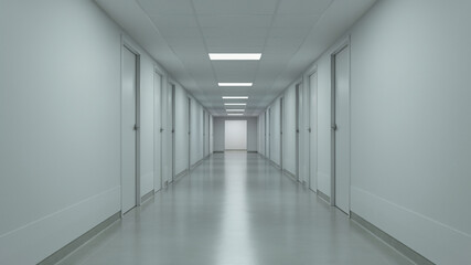 Fototapeta premium Empty Hospital Corridor: A long, sterile hospital corridor stretches into the distance, lined with identical closed doors under bright fluorescent lighting.