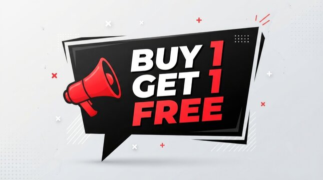 Buy 1 get 1 free promotional with a red megaphone, designed for retail marketing, sales campaigns, and special discount offers on black friday