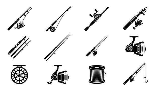 Fishing rod and reel vector icon set with spinning fly fishing and outdoor equipment