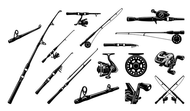 Black fishing rod and reel equipment vector collection for spinning fly and sport fishing