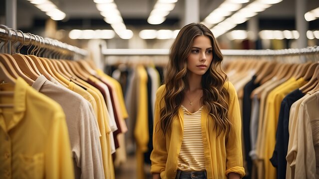 Beautiful young woman with wavy hair browsing through racks of yellow and neutral clothing inside a modern retail fashion boutique