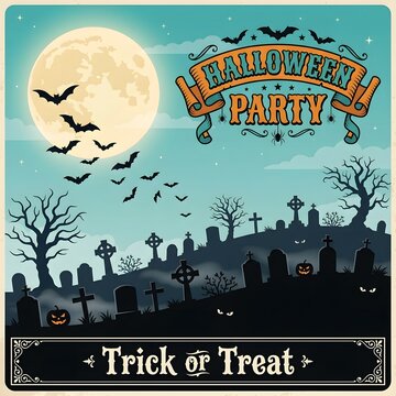 Spooky halloween night scene with full moon and silhouetted graveyard background