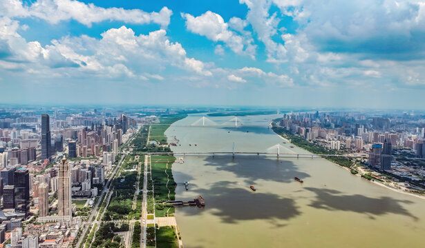Wuhan Yangtze River Aerial View with Modern Bridges and Cityscape
