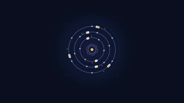 Abstract animated trains scheduled across a rail network drawn as cool blue-white lines and shapes on a deep dark background. Seamless looping 4K motion graphics video with free space for text, ideal 