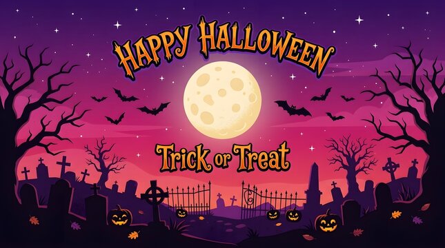 Spooky halloween night scene with full moon and silhouette of a town background, banner
