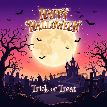 Spooky halloween night scene with a full moon over a haunted graveyard background, banner