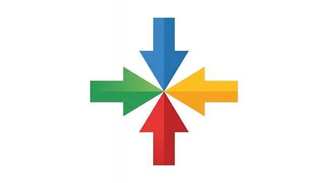 Four Distinct Colored Directional Arrows Converging at Center Point Symbolizing Teamwork Collaboration and Shared Strategy on Solid White Background colored arrows converging arrows teamwork symbol
