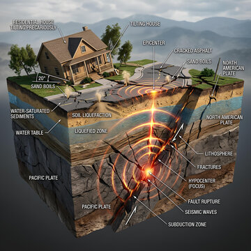 Earthquake Cross-Section: Seismic Waves, Fault Rupture, Liquefaction, Tilting House