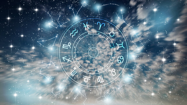 Astrology zodiac signs circle with constellations and stars in a night sky background