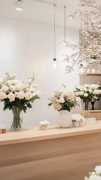 White roses and floral bouquets on wooden counter in modern shop