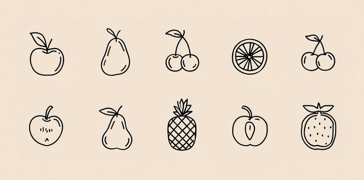 Minimalist hand drawn fruit icons set on cream background