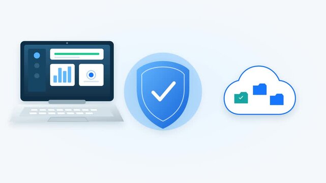 animation illustrating data protection, secure website access, privacy security, and encrypted information transfer between a laptop and cloud network