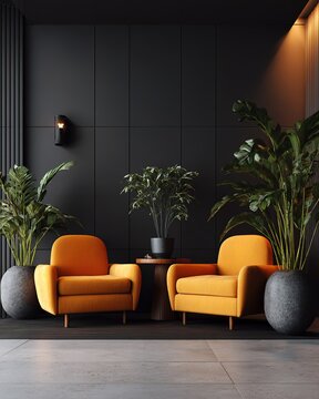 Orange armchairs in modern dark minimalist interior