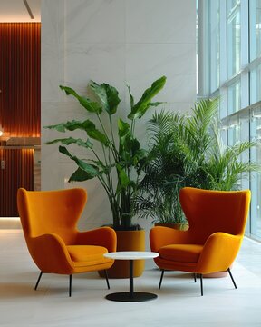 Modern orange armchairs and green plants in a bright lobby lounge