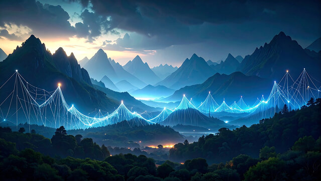 Futuristic glowing network traversing a mountain valley at dusk