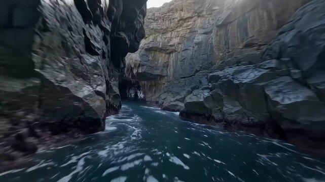 Sea cave ocean water rocky tunnel coast landscape exploration nature glides over turquoise waves through narrow stone openings toward daylight to evoke coastal adventure for travel marketing