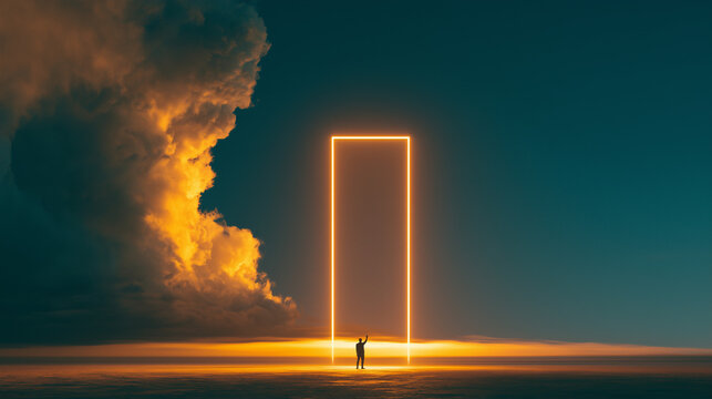 Solitary traveler reaching toward a glowing rectangular portal beneath dramatic golden clouds at sunset, reflected on a vast dark surface, surreal cinematic concept of discovery, hope and transition