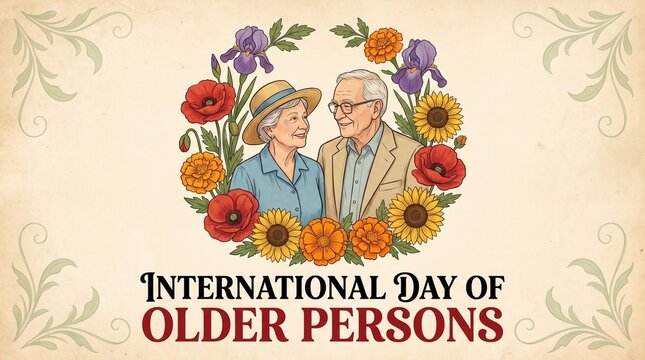 International day of older persons greeting card with happy elderly couple and floral decoration