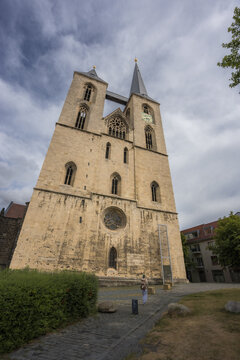 Historic St Martini church with asymmetrical towers in Halberstadt Germany