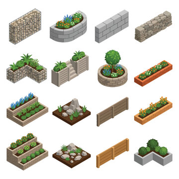 Isometric Landscaping and Garden Design Elements Set