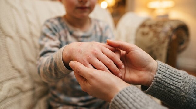 Mother holding child hand examining skin rash and allergy symptoms at home with dermatitis condition irritation inflammation treatment disorder touching examining checking medicine