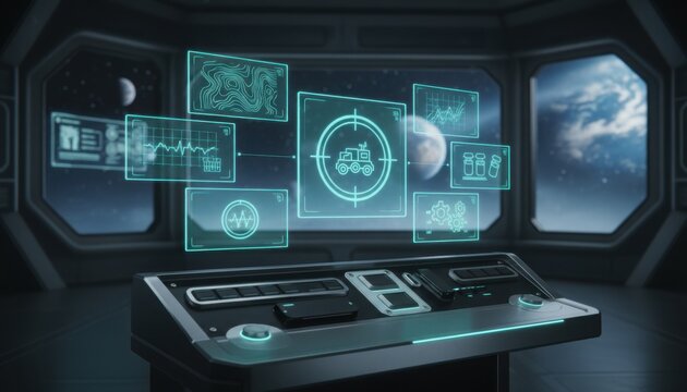 Detailed photorealistic high-angle view of a futuristic lunar base logistics console featuring glowing cyan holographic displays managing a rover transport in deep space