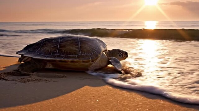 Majestic green sea turtle crawling on the golden sand of a tropical beach, returning to the ocean at sunrise with beautiful sunlight reflecting on the waves, a powerful wildlife moment