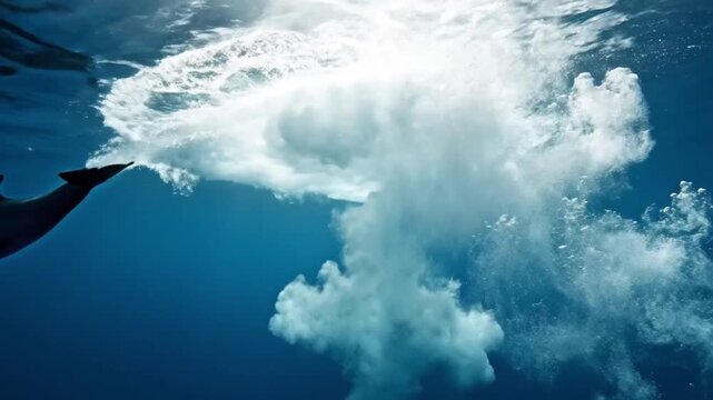 Stunning underwater view of a pod of wild dolphins swimming gracefully in the clear blue ocean, with beautiful sunbeams shining through the water's surface, creating a trail of bubbles