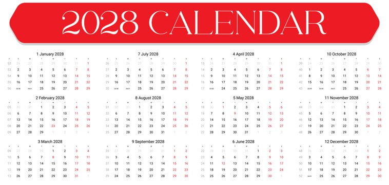 Detailed two thousand and twenty eight calendar with all twelve months displayed on a white background
