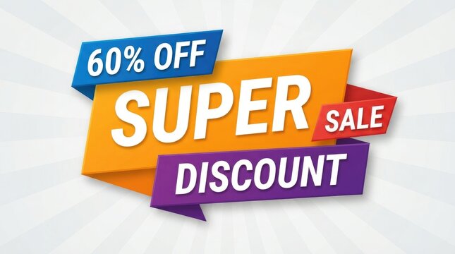 Super sale with 60 percent discount text, orange, blue, and purple ribbons on a light grey for promotional marketing and retail advertising black friday