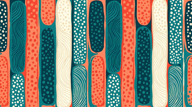 Modern abstract seamless pattern with organic shapes | Colorful tribal style background with dots and lines | Bohemian textile design in teal and salmon orange | Scandinavian style geometric wallpaper