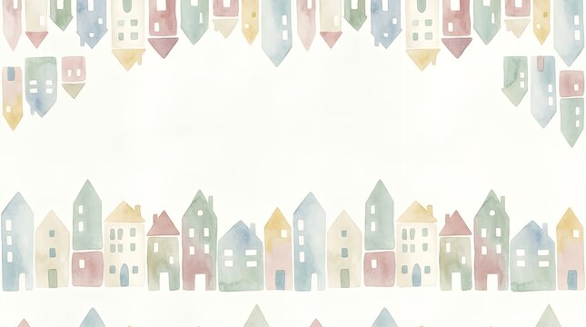 Gentle color wash urban horizon frame in minimalist northern style with playful homes for nursery wall art wall covering motif fabric manufacturing textile print juvenile branding and kids storybook