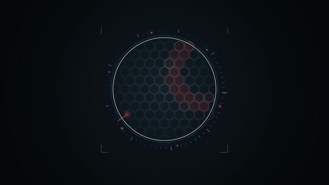 Abstract animated hexagonal shield rippling on impact drawn as cool blue-white lines and shapes on a deep dark background. Seamless looping 4K motion graphics video with free space for text, ideal for
