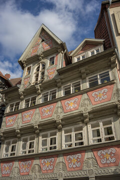 Ornate half timbered house facade with renaissance decorations in Halberstadt