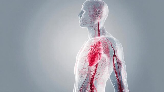 Human circulatory system with beating heart and blood vessels visualized