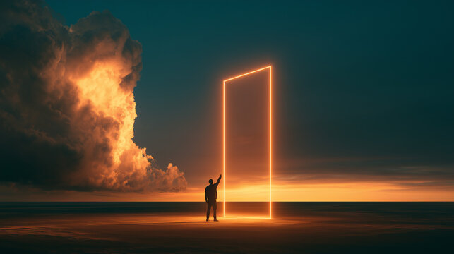 Silhouetted man reaching toward a towering orange light portal beside an illuminated storm cloud over a calm ocean horizon, dramatic sunset atmosphere conveying ambition and a new beginning