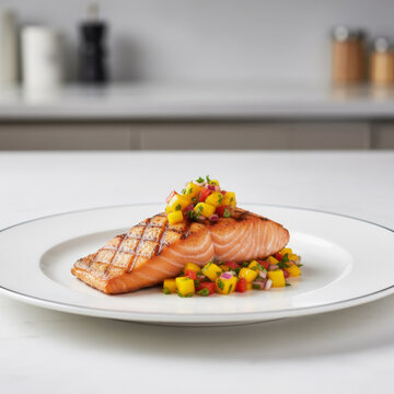 Salmon fillet grilled with char marks and topped with diced mango salsa on white plate for healthy dinner