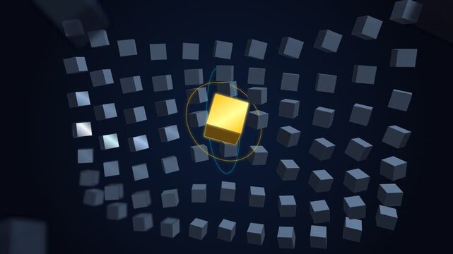 Golden cube rotating in center of metallic block grid background