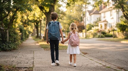 Fototapeta premium Two young school children holding hands while walking down a suburban sidewalk with backpacks school kids boy and girl back to school brother and sister growing up going to school students