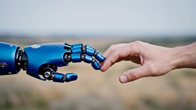 Human Hand Reaching Toward Robotic Prosthetic Hand &ndash; Futuristic Medical Technology Concept