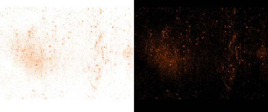 Orange dust particles on white and black background, set of 2 abstract spray textures, grainy copper splatter overlay for design