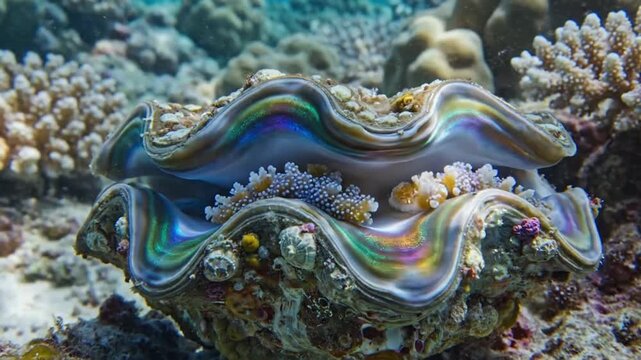 Stunning underwater scene featuring a giant clam opening and closing its valves on a vibrant coral reef, its iridescent mantle shimmering with blue, green, and purple hues