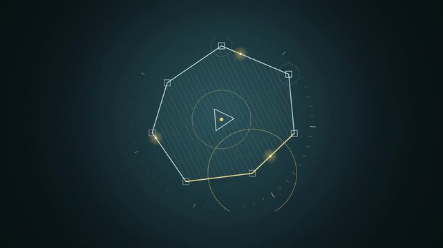 Abstract animated geofence boundary pulsing around an area drawn as cyan and teal lines and shapes on a deep dark background. Seamless looping 4K motion graphics video with free space for text, ideal 
