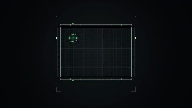 Abstract animated crosshair travelling across a coordinate grid drawn as cool blue-white lines and shapes on a deep dark background. Seamless looping 4K motion graphics video with free space for text,