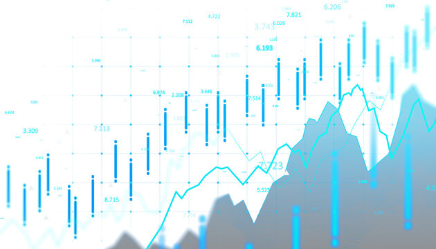 Blue financial charts, grid lines, data points, and glowing trends in a clean abstract layout on a white background. 3D Rendering