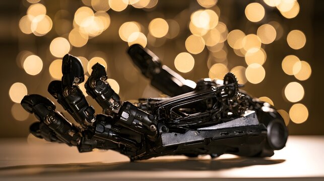 Sophisticated robotic hand with intricate gears and matte textures set against a golden bokeh backdrop