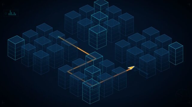 Digital City Map Navigation Route Moving Through Wireframe Grid