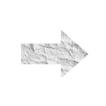 Crumpled paper arrow shape isolated on white background for design and navigation.