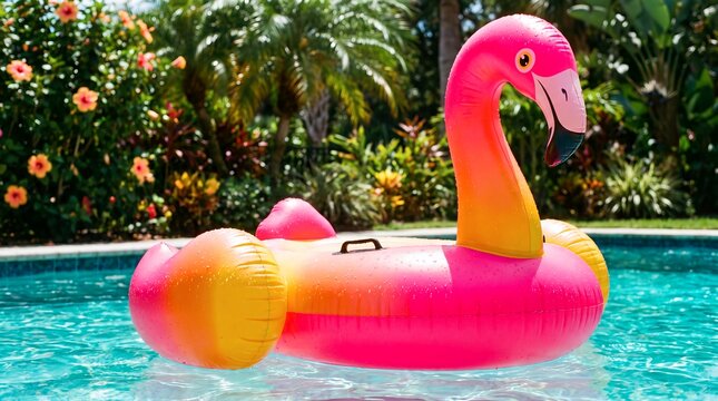 Florida flamingo pool float turquoise water tropical vacation summer fun features a bright pink inflatable drifting in a lush backyard pool for tourism marketing and regional brand campaigns